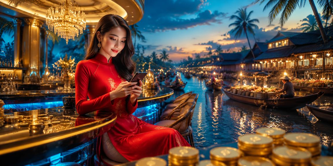 Phụ nữ mặc áo dài tại Cần Thơ ngồi xem thông tin baccarat và khuyến mãi casino trực tuyến