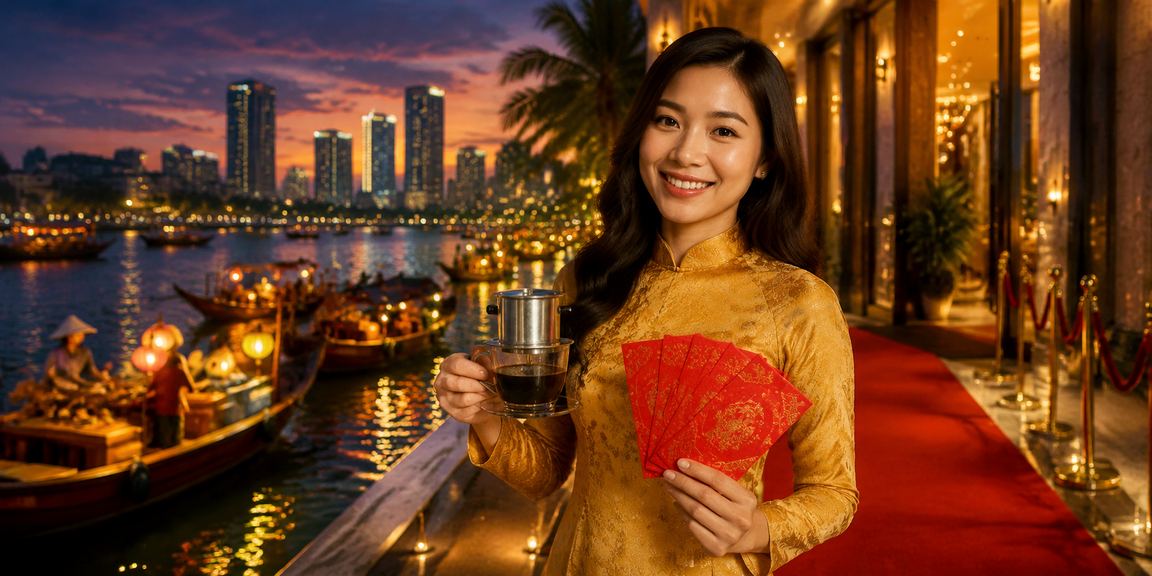 Người dùng tại Đà Nẵng mở phong bì đỏ may mắn và kiểm tra ưu đãi tiền thưởng trên điện thoại tại quán cà phê
