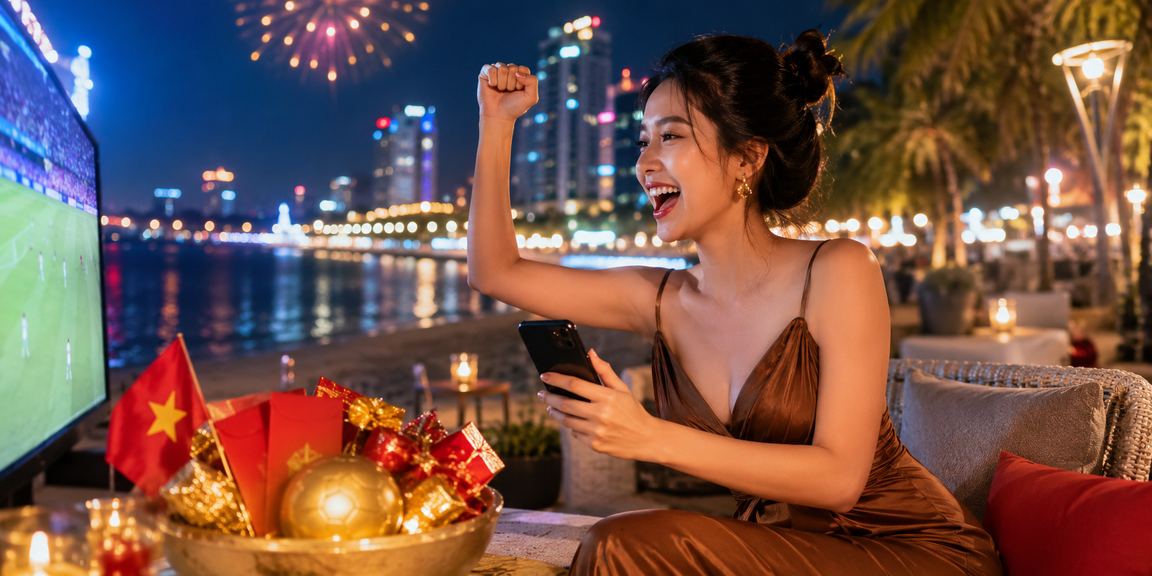 Người dùng tại Nha Trang ngồi quán cà phê xem thông tin ưu đãi đăng ký trên điện thoại