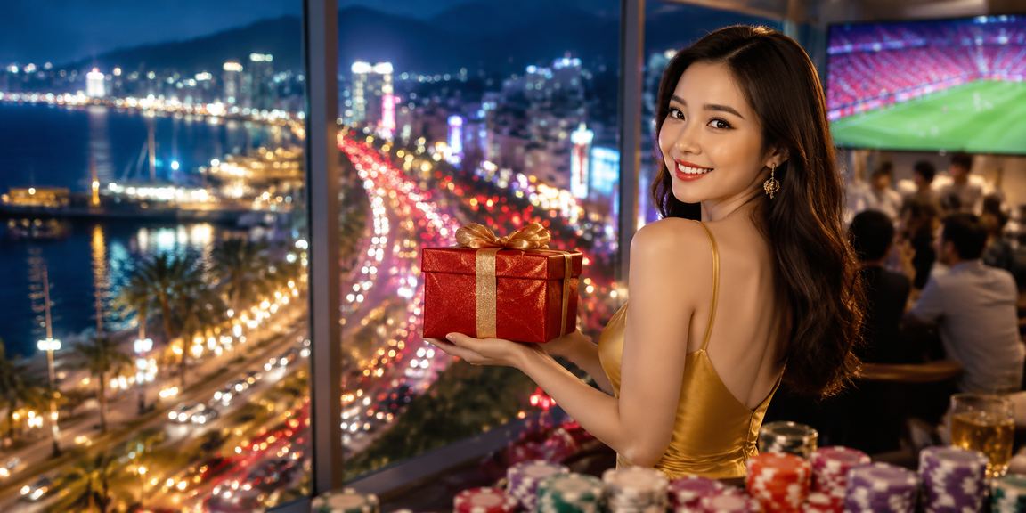 Người chơi slot game ban đêm tại Nha Trang với ánh đèn neon rực rỡ